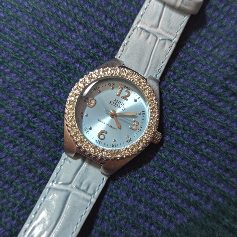 Anne Klein II Crystal Bezel Blue Alligator Leather Watch